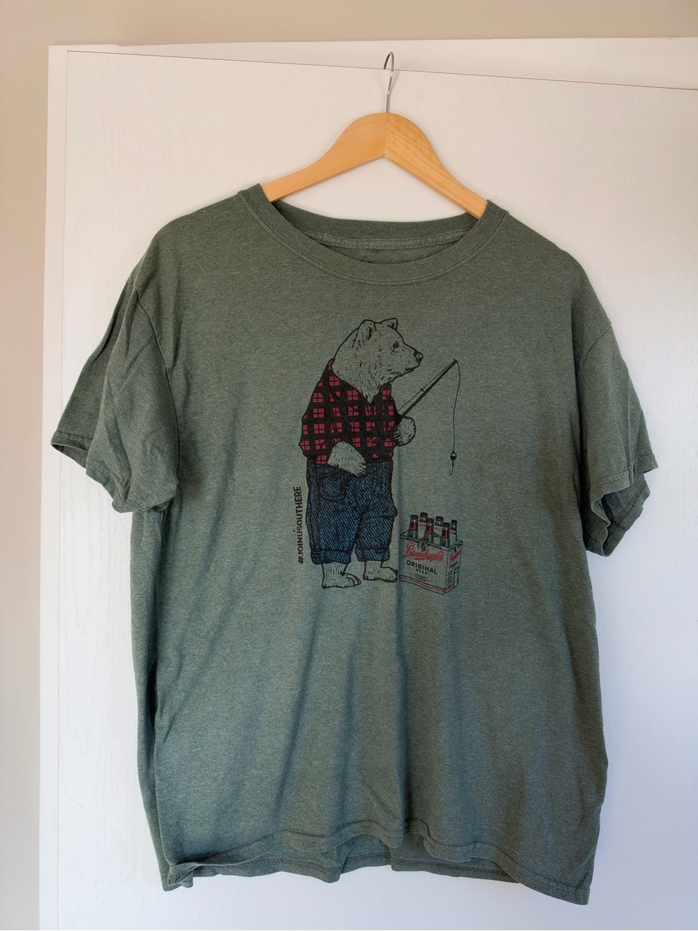 MV Sport Olive Green Short Sleeve Tee with Bear Fishing Graphic